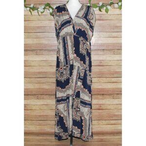 Cato Boho Patchwork Blue Print Maxi Dress Size XL V-Neck Sleeveless Vacation